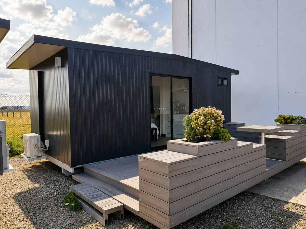 Charcoal studio unit with a sloped roof and a sliding glass door, opening onto a timber deck with planter boxes.